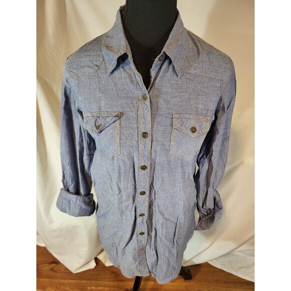 Angie Size M Blue Button Up Long Sleeve Chambray - Picture 1 of 6